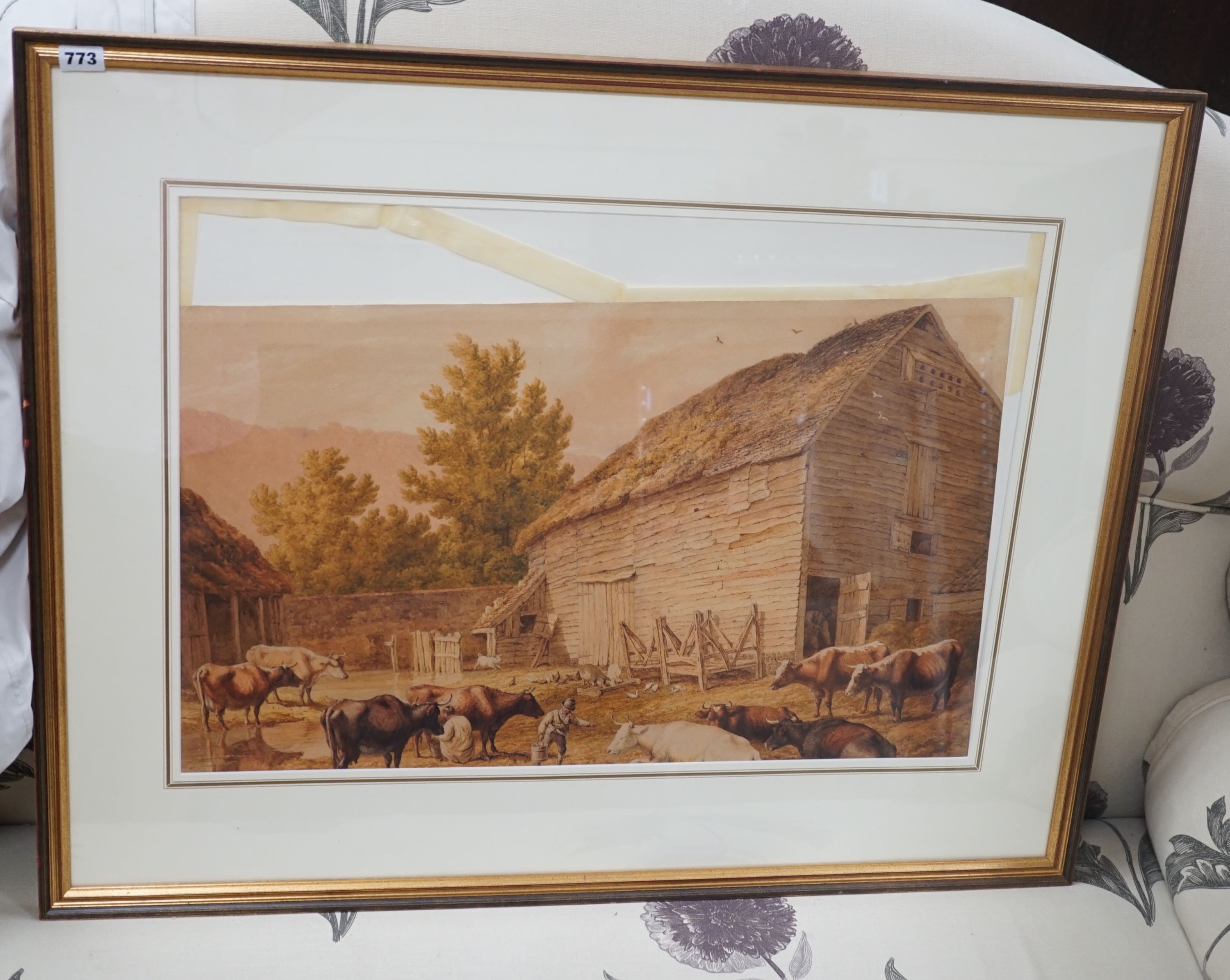 Robert Hills (1764-1844), Farmyard scene with two boys milking, watercolour, signed and dated 1810, 47 x 68.5cm